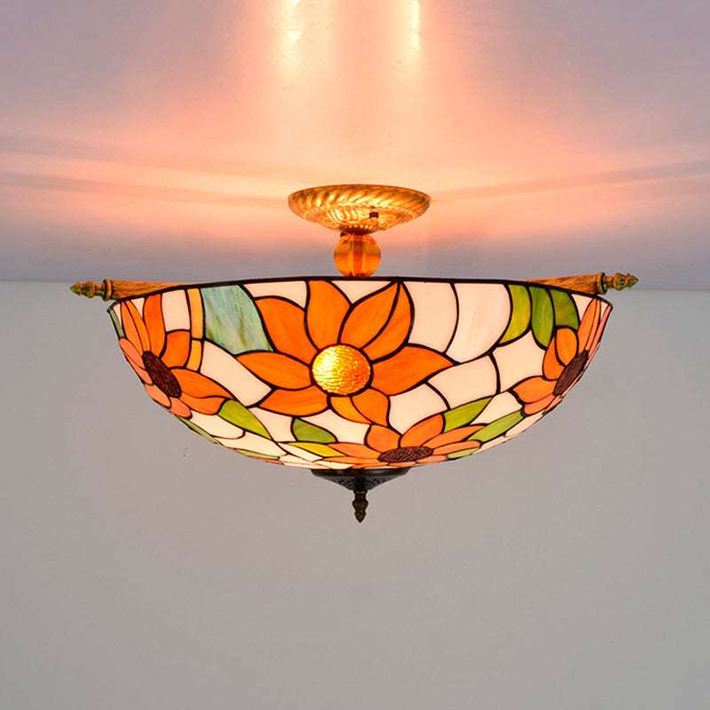 Stained Glass Flower Ceiling Fixture Tiffany 5 Lights Pink/Yellow/Blue Semi Flush Mount Light for Bedroom, 21.5"/25.5" W