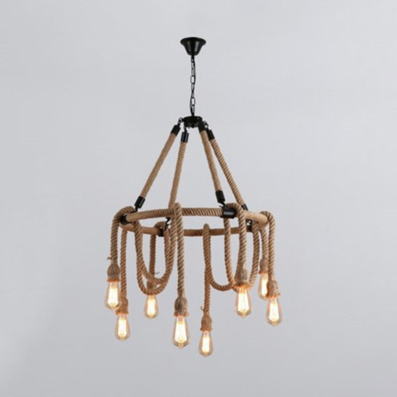 Industrial Chandelier Bare Bulb Manila Rope Vintage Room Light Shop Light