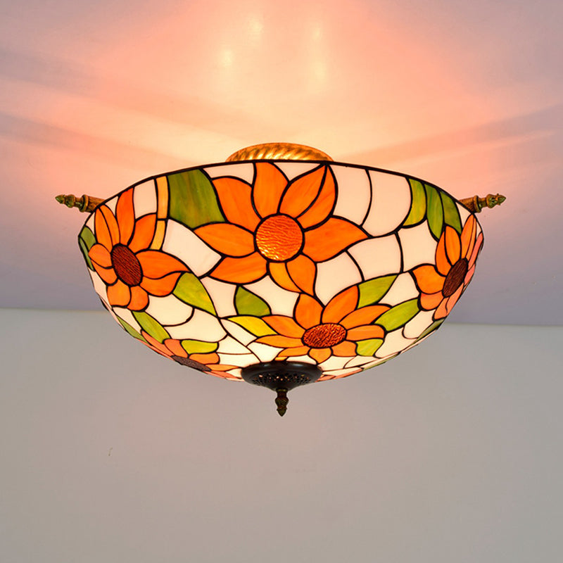 Stained Glass Flower Ceiling Fixture Tiffany 5 Lights Pink/Yellow/Blue Semi Flush Mount Light for Bedroom, 21.5"/25.5" W