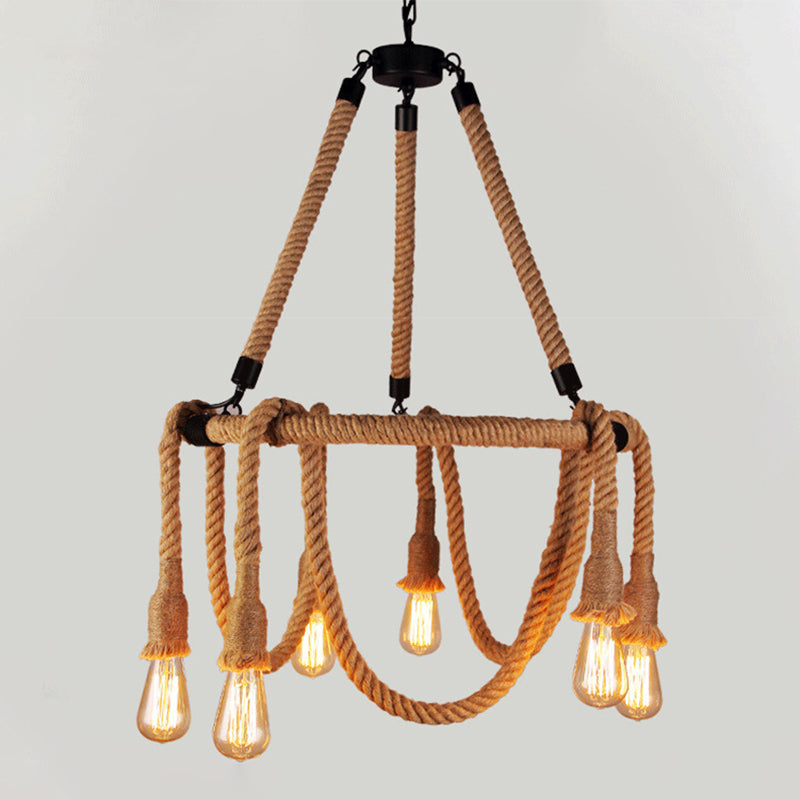 Industrial Chandelier Bare Bulb Manila Rope Vintage Room Light Shop Light