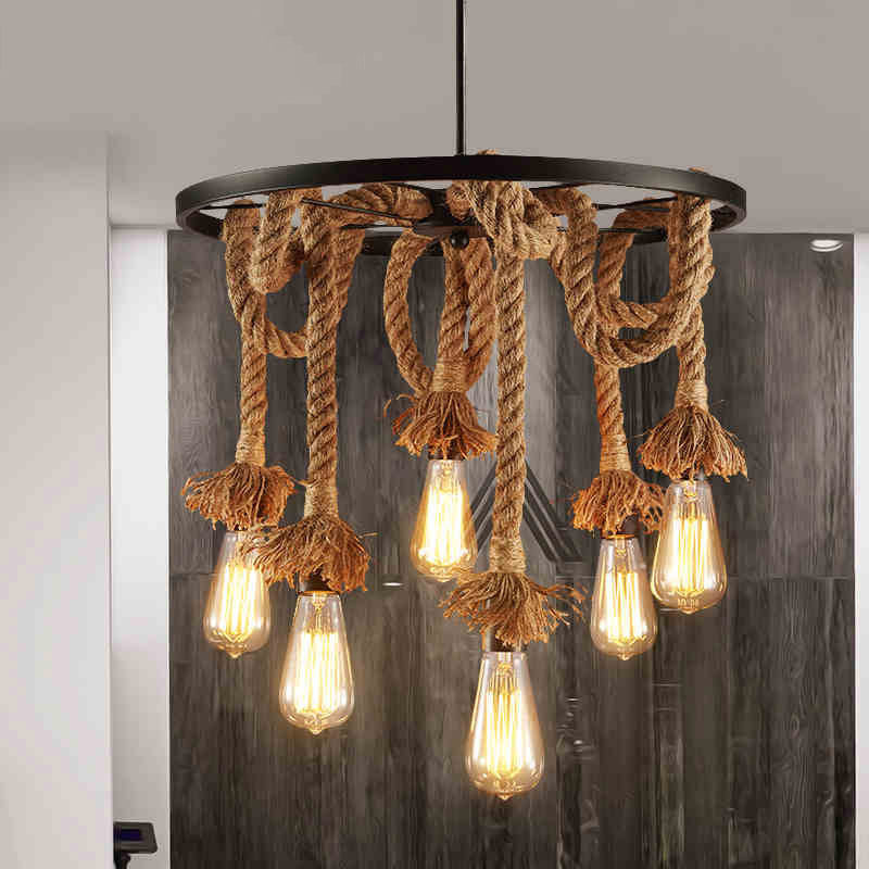 Industrial Style Hemp Rope Chandelier Creative Retro Bare Bulb Lighting Fixture for Coffee Shop