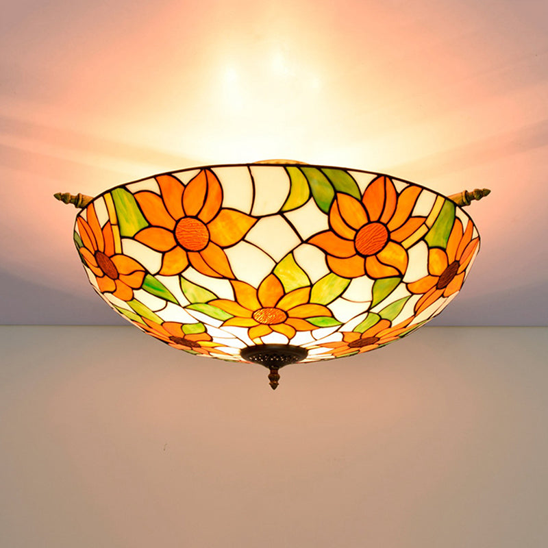 Stained Glass Flower Ceiling Fixture Tiffany 5 Lights Pink/Yellow/Blue Semi Flush Mount Light for Bedroom, 21.5"/25.5" W