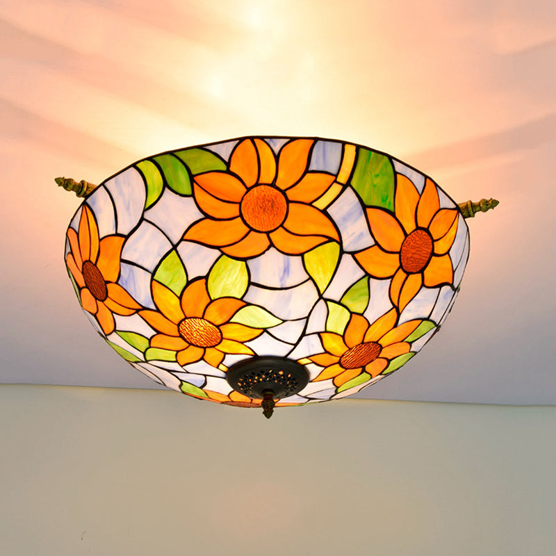 Stained Glass Flower Ceiling Fixture Tiffany 5 Lights Pink/Yellow/Blue Semi Flush Mount Light for Bedroom, 21.5"/25.5" W