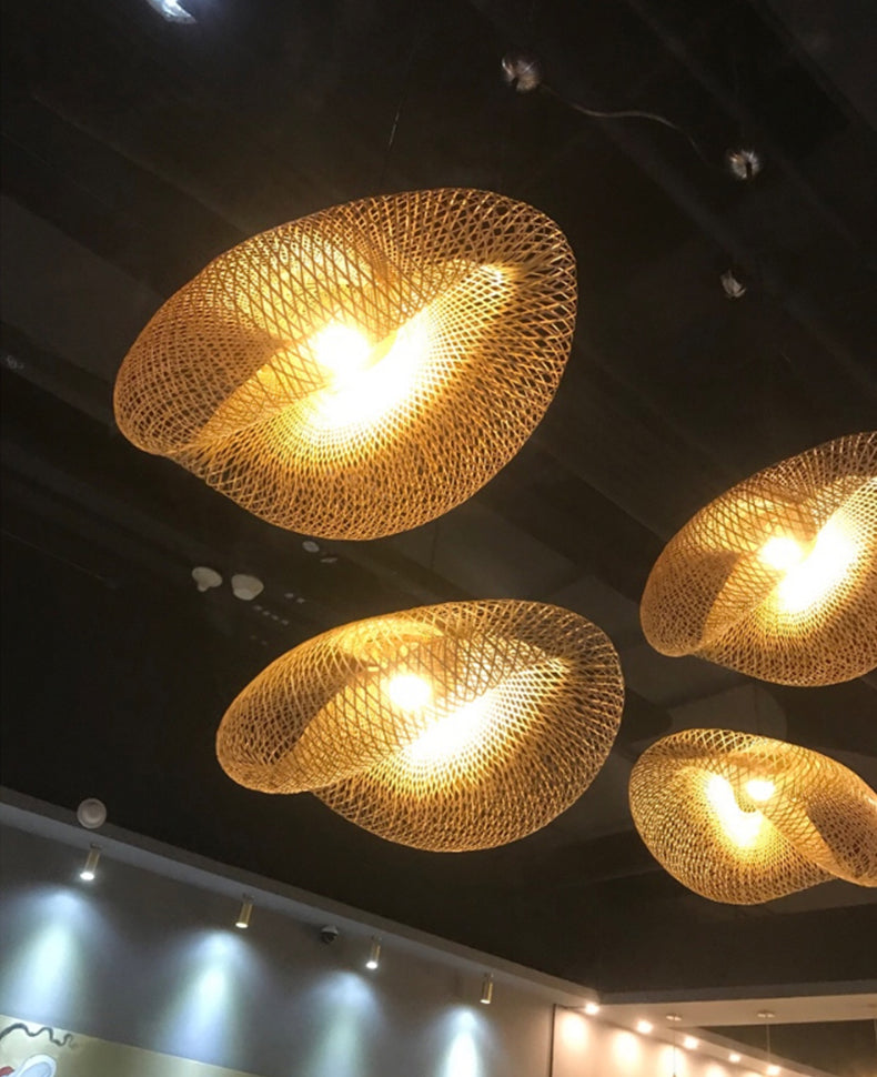 Asian Weaving Style Hat Shape Suspension Pendant Light Rattan 1 Light Hanging Ceiling Lights