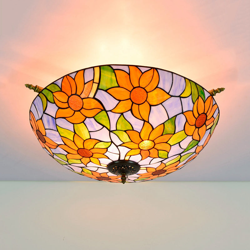 Stained Glass Flower Ceiling Fixture Tiffany 5 Lights Pink/Yellow/Blue Semi Flush Mount Light for Bedroom, 21.5"/25.5" W