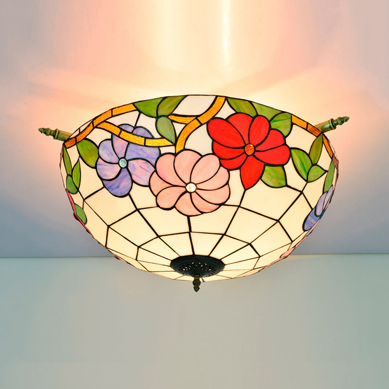 Stained Glass Flower Ceiling Fixture Tiffany 5 Lights Pink/Yellow/Blue Semi Flush Mount Light for Bedroom, 21.5"/25.5" W