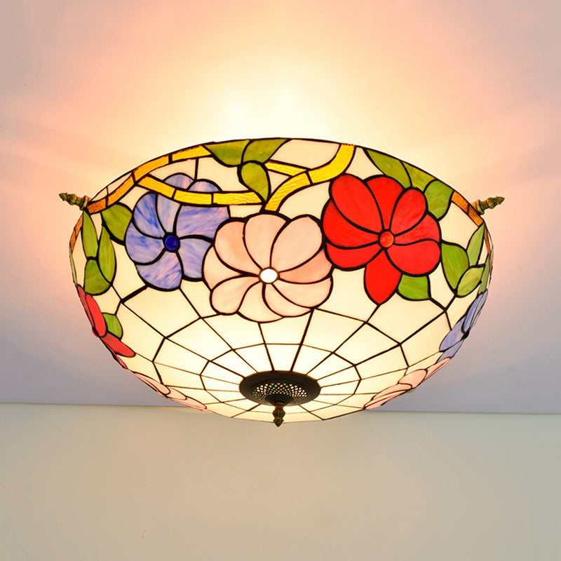 Stained Glass Flower Ceiling Fixture Tiffany 5 Lights Pink/Yellow/Blue Semi Flush Mount Light for Bedroom, 21.5"/25.5" W