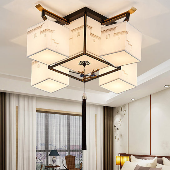 White Sputnik LED Ceiling Light in Traditional Artistic Style Fabrics Indoor Semi Flush Mount with Ceramic Flower Decoration