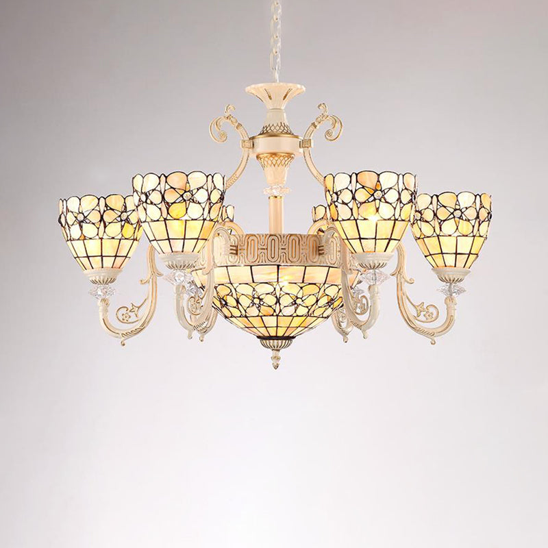 8 lumières salon lustre tiffany beige suspension légère avec une teinte en vitrail de fleur