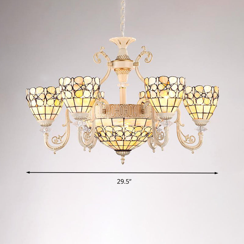 8 lumières salon lustre tiffany beige suspension légère avec une teinte en vitrail de fleur