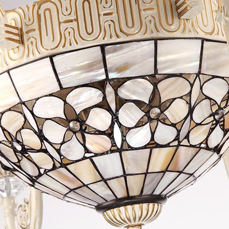 8 lumières salon lustre tiffany beige suspension légère avec une teinte en vitrail de fleur