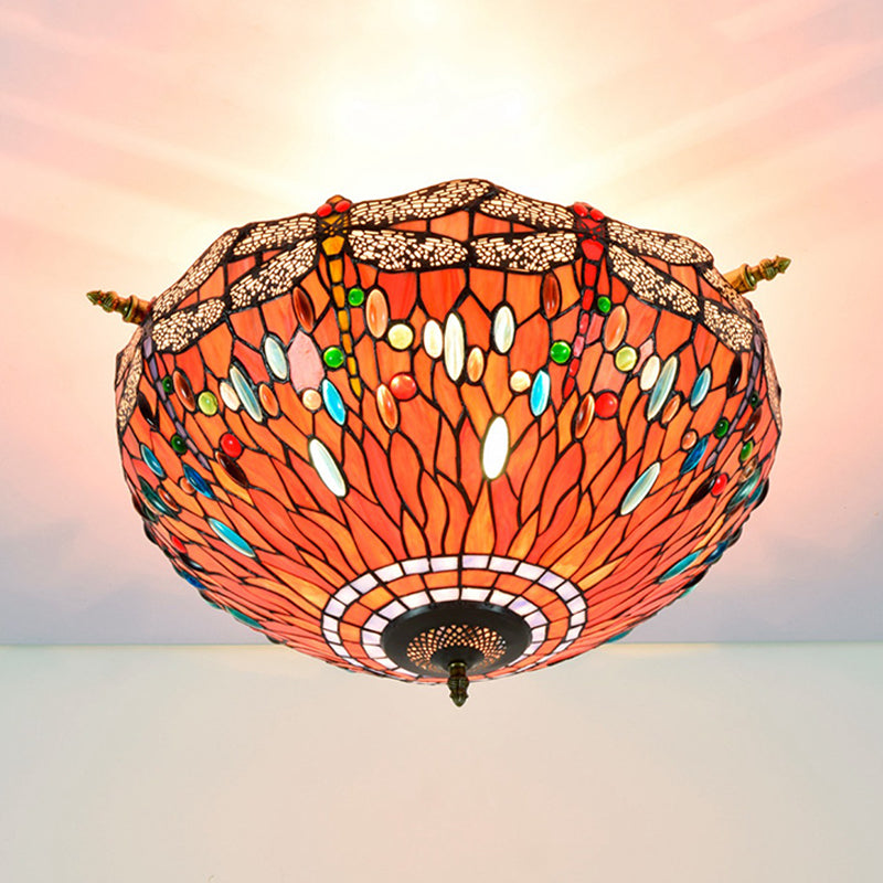 Dragonfly plafond spoeling Tiffany-stijl gekleurd kunstglas 5 koppen rood/blauw semi-flush mount lamp armatuur