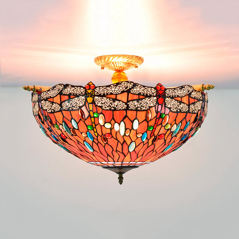 Dragonfly Ceiling Flush Tiffany-Style Stained Art Glass 5 Heads Red/Blue Semi Flush Mount Light Fixture