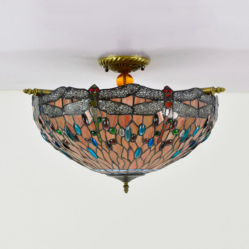 Dragonfly Ceiling Flush Tiffany-Style Stained Art Glass 5 Heads Red/Blue Semi Flush Mount Light Fixture