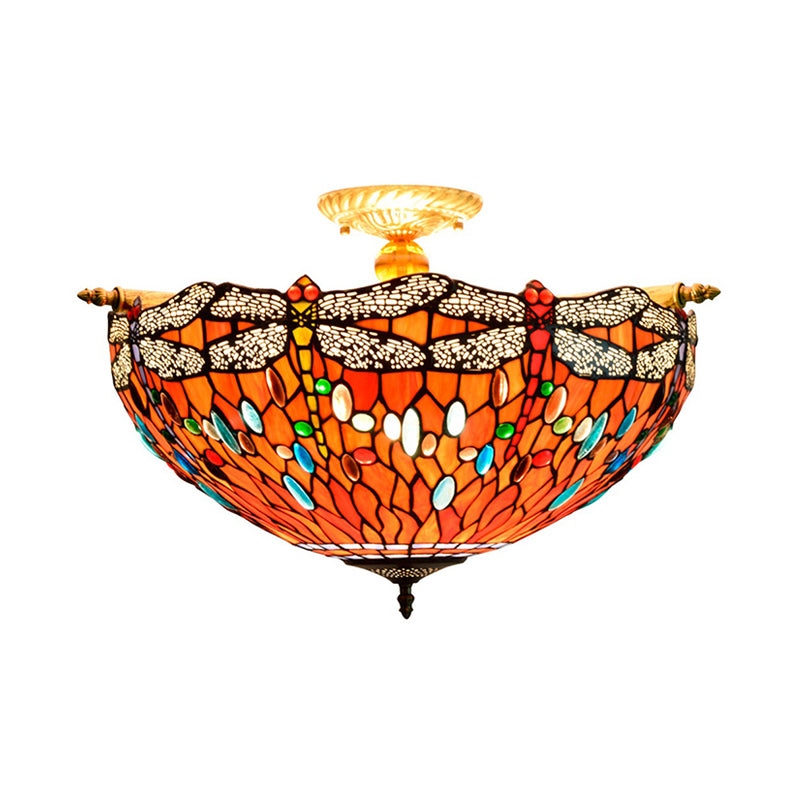 Dragonfly Techo Flush Flush estilo Tiffany Glass Glass 5 Heads Red/Blue Semi Flush Mount Lights