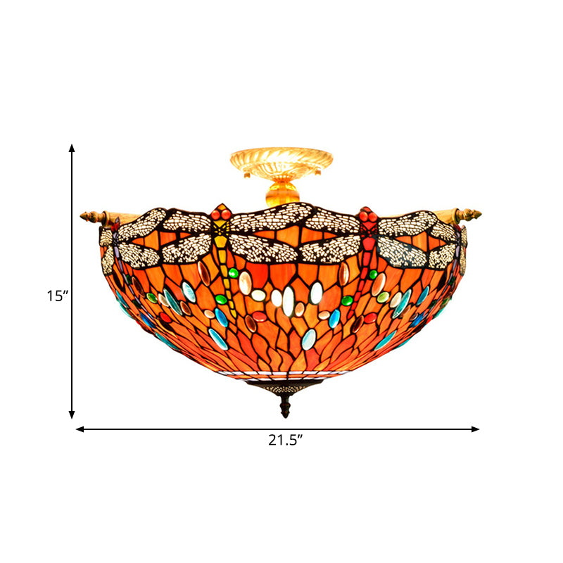 Dragonfly Techo Flush Flush estilo Tiffany Glass Glass 5 Heads Red/Blue Semi Flush Mount Lights