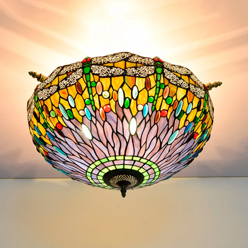 Dragonfly Ceiling Flush Tiffany-Style Stained Art Glass 5 Heads Red/Blue Semi Flush Mount Light Fixture