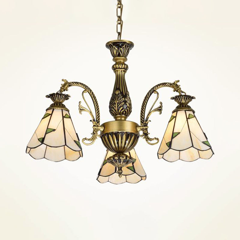 Stained Glass Conical Chandelier Light Fixture Mediterranean 3/5/11 Lights White/Antique Brass Ceiling Pendant