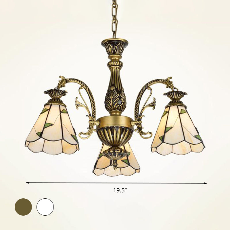 Stained Glass Conical Chandelier Light Fixture Mediterranean 3/5/11 Lights White/Antique Brass Ceiling Pendant