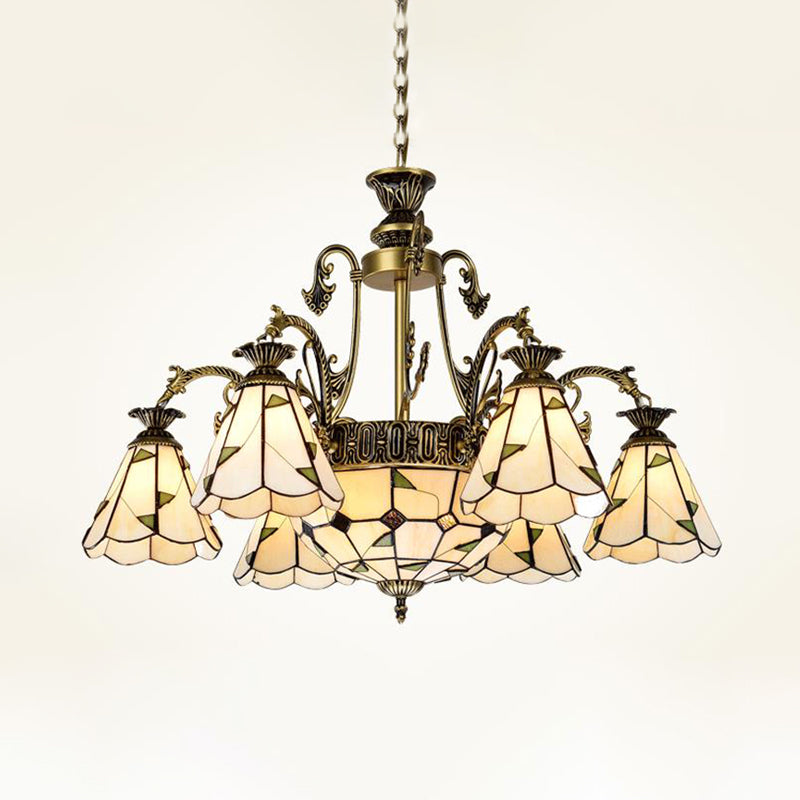 Stained Glass Conical Chandelier Light Fixture Mediterranean 3/5/11 Lights White/Antique Brass Ceiling Pendant