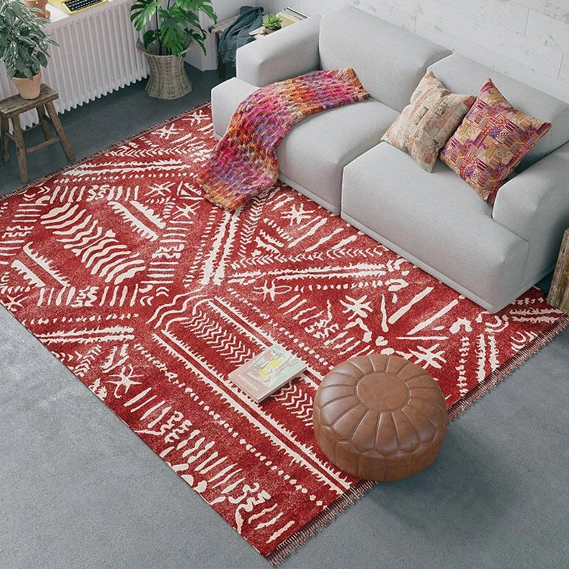 Solid Color Bohemian Indoor Rug Polyester Tribal Pattern Carpet Non-Slip Backing Rug for Home Decor