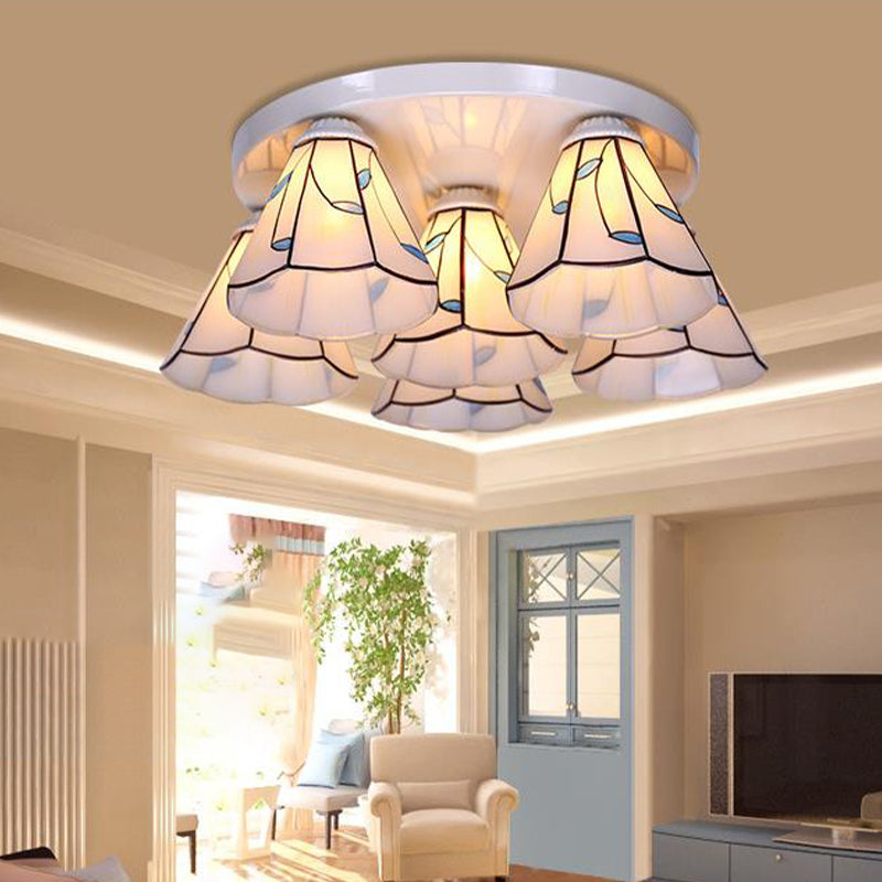 Leaf/Stripes Flush Mount Lighting 3/6 Lights Stained Glass Tiffany Ceiling Lamp in Blue for Living Room