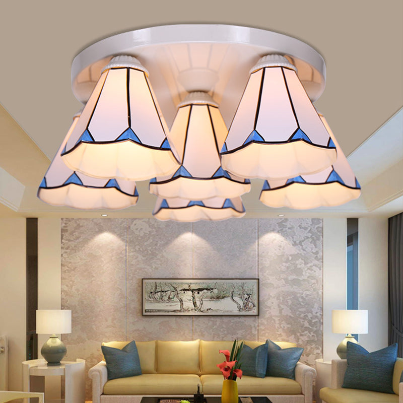 Leaf/Stripes Flush Mount Lighting 3/6 Lights Stained Glass Tiffany Ceiling Lamp in Blue for Living Room