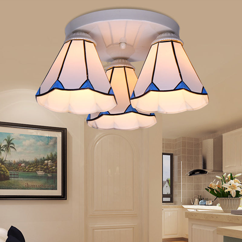 Leaf/Stripes Flush Mount Lighting 3/6 Lights Stained Glass Tiffany Ceiling Lamp in Blue for Living Room