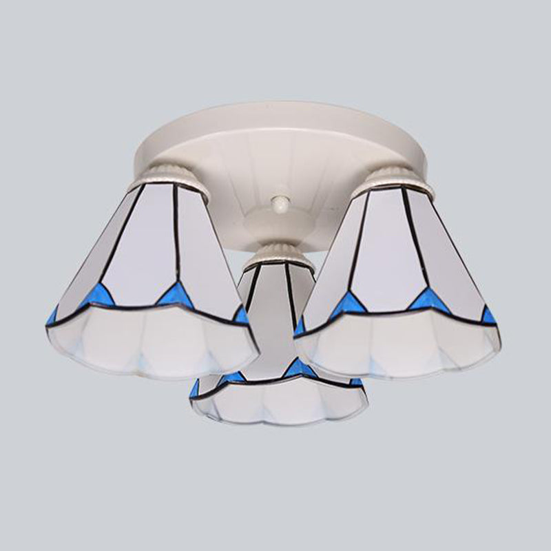 Leaf/Stripes Flush Mount Lighting 3/6 Lights Stained Glass Tiffany Ceiling Lamp in Blue for Living Room