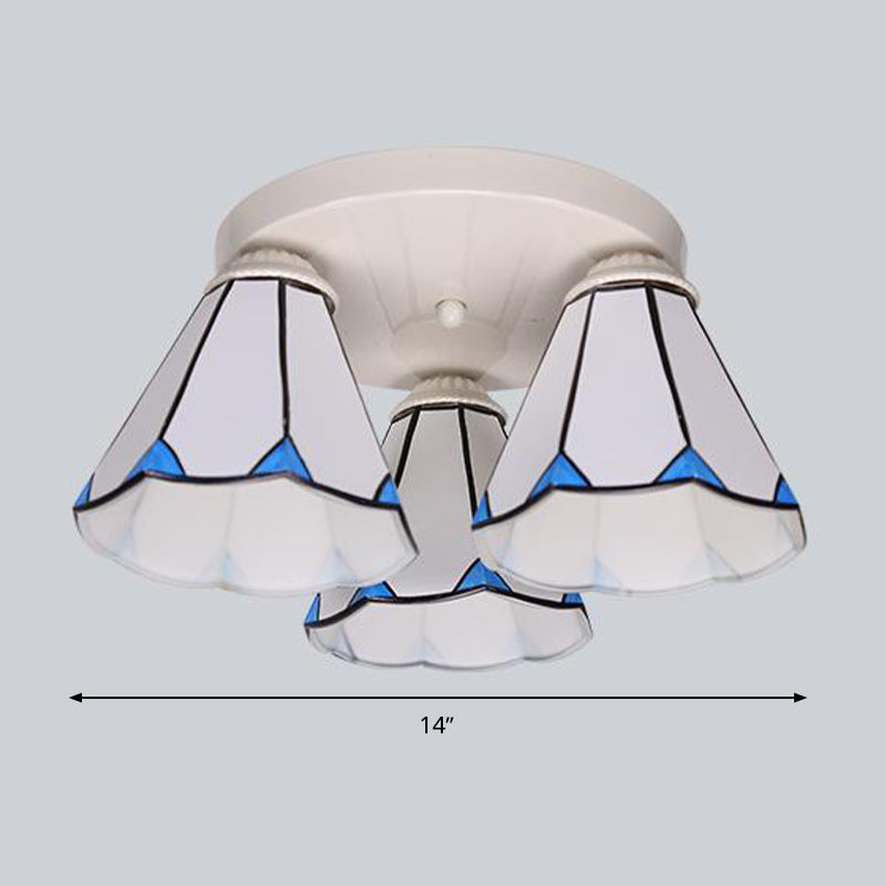 Leaf/Stripes Flush Mount Lighting 3/6 Lights Stained Glass Tiffany Ceiling Lamp in Blue for Living Room