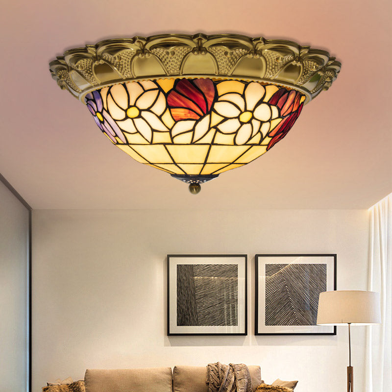 Brass 15"/16"/19.5" Wide LED Ceiling Flush Mediterranean Stained Glass Flower Flush Mount Lighting