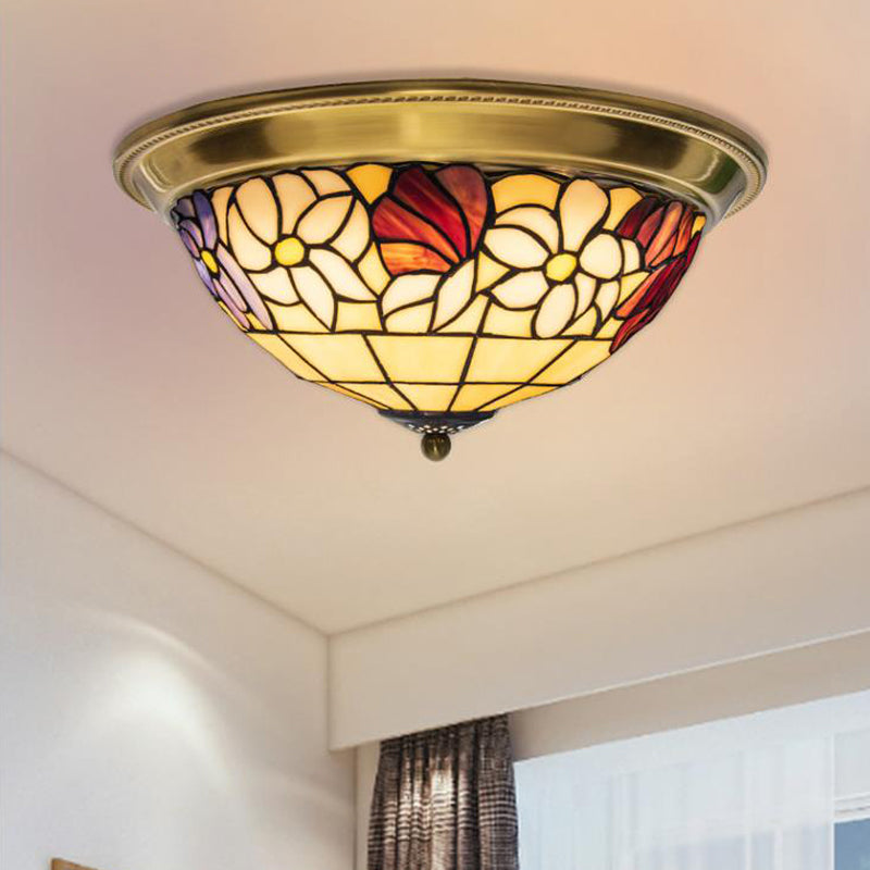 Brass 15"/16"/19.5" Wide LED Ceiling Flush Mediterranean Stained Glass Flower Flush Mount Lighting