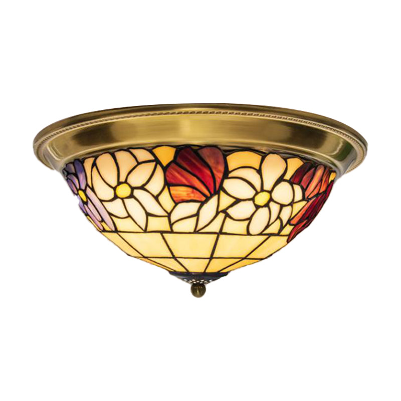 Ottone 15"/16"/19,5" Ampio soffitto a LED a filo in vetro colorato mediterraneo Illuminazione da incasso a fiore