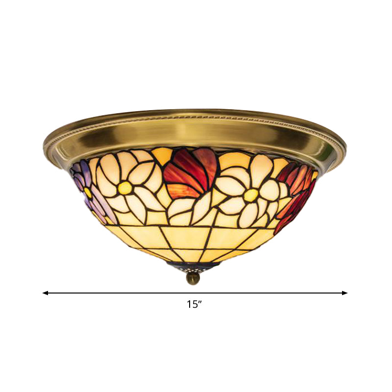 15"/16"/19,5" breite LED-Deckenleuchte aus Messing mit mediterraner Buntglas-Blumen-Einbauleuchte