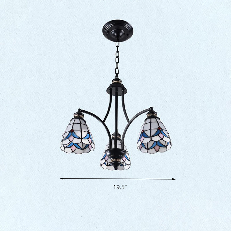 Scrolling Arm Stained Glass Chandelier Mediterranean 3/5/8 Lights Black Suspension Lighting Fixture