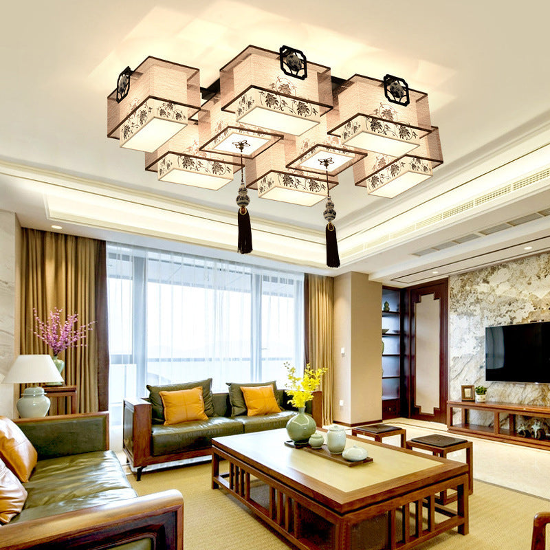 White Rectangular Semi Flush Mount in Traditional Artistic Style Fabrics Ceiling Light with Ceramic Flower Decoration