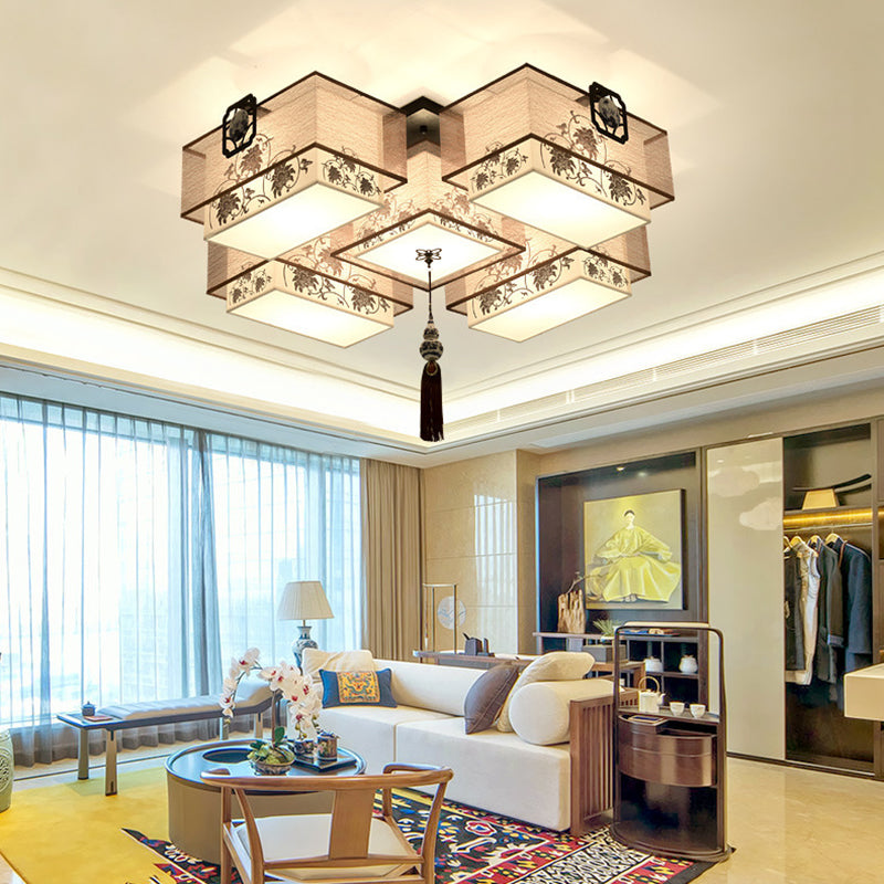 White Rectangular Semi Flush Mount in Traditional Artistic Style Fabrics Ceiling Light with Ceramic Flower Decoration