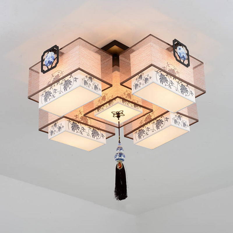 White Rectangular Semi Flush Mount in Traditional Artistic Style Fabrics Ceiling Light with Ceramic Flower Decoration