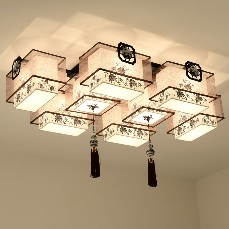 White Rectangular Semi Flush Mount in Traditional Artistic Style Fabrics Ceiling Light with Ceramic Flower Decoration