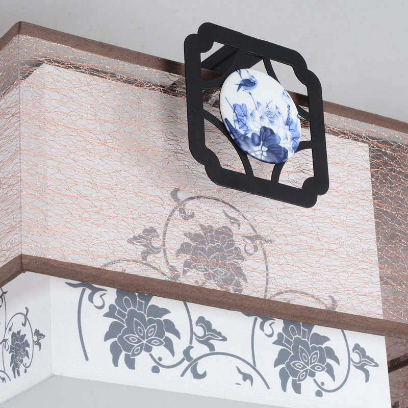 White Rectangular Semi Flush Mount in Traditional Artistic Style Fabrics Ceiling Light with Ceramic Flower Decoration