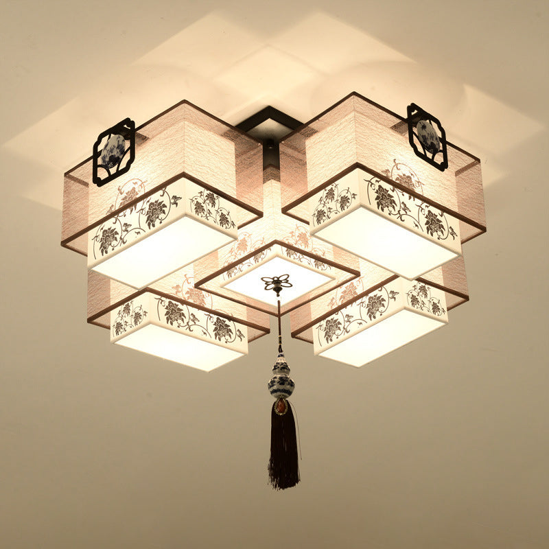 White Rectangular Semi Flush Mount in Traditional Artistic Style Fabrics Ceiling Light with Ceramic Flower Decoration