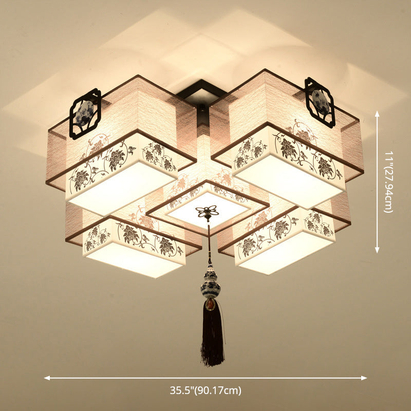 White Rectangular Semi Flush Mount in Traditional Artistic Style Fabrics Ceiling Light with Ceramic Flower Decoration