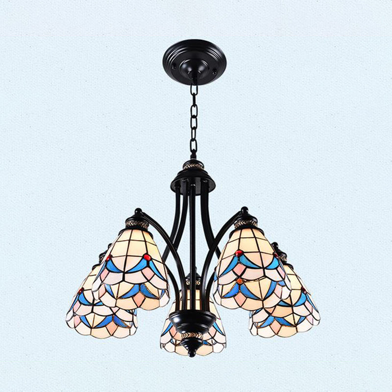 Scrolling Arm Stained Glass Chandelier Mediterranean 3/5/8 Lights Black Suspension Lighting Fixture