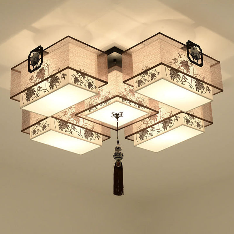 White Rectangular Semi Flush Mount in Traditional Artistic Style Fabrics Ceiling Light with Ceramic Flower Decoration