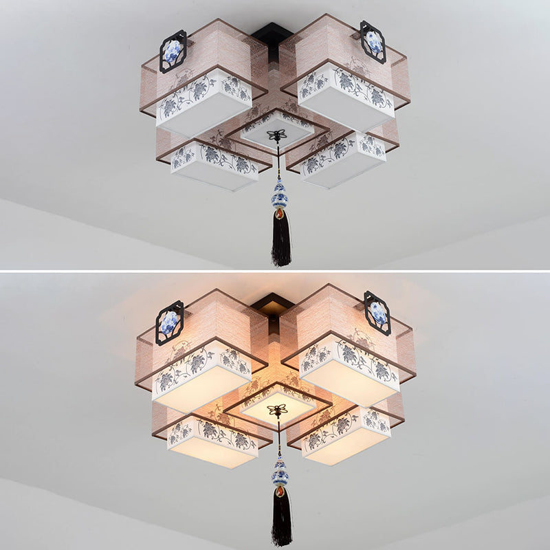 White Rectangular Semi Flush Mount in Traditional Artistic Style Fabrics Ceiling Light with Ceramic Flower Decoration