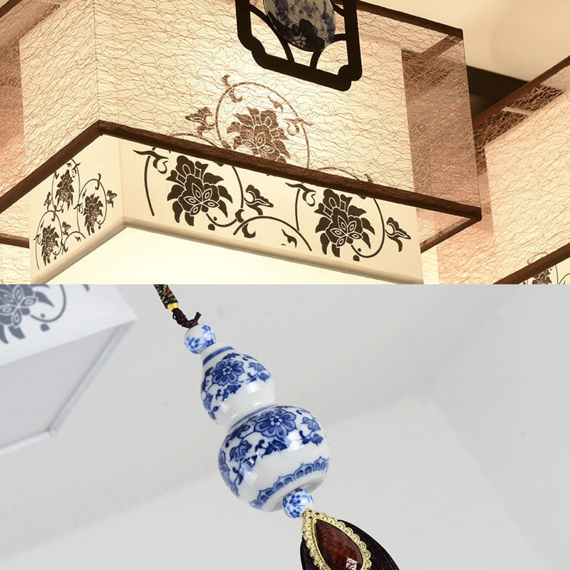 White Rectangular Semi Flush Mount in Traditional Artistic Style Fabrics Ceiling Light with Ceramic Flower Decoration