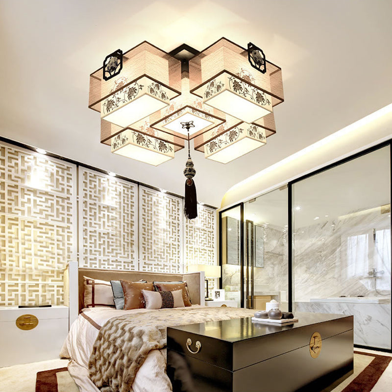 White Rectangular Semi Flush Mount in Traditional Artistic Style Fabrics Ceiling Light with Ceramic Flower Decoration