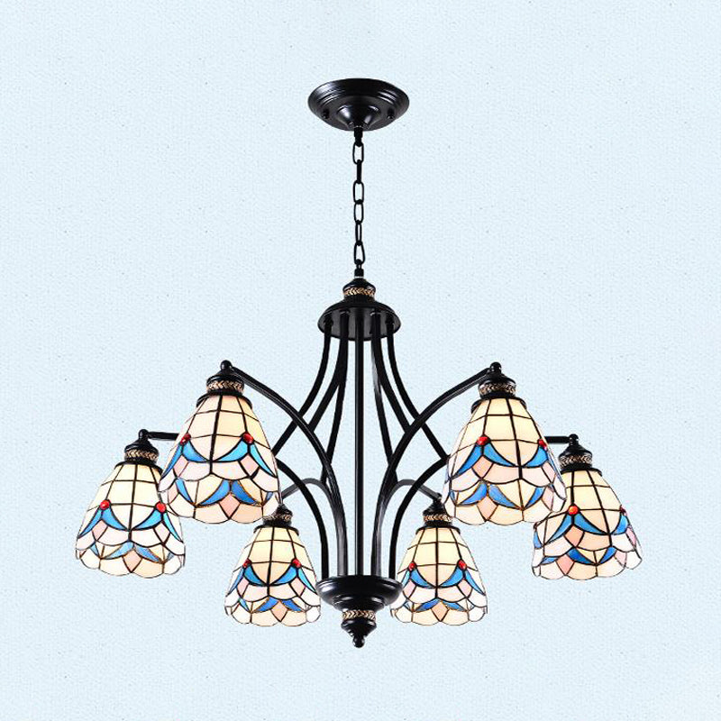 Scrolling Arm Stained Glass Chandelier Mediterranean 3/5/8 Lights Black Suspension Lighting Fixture