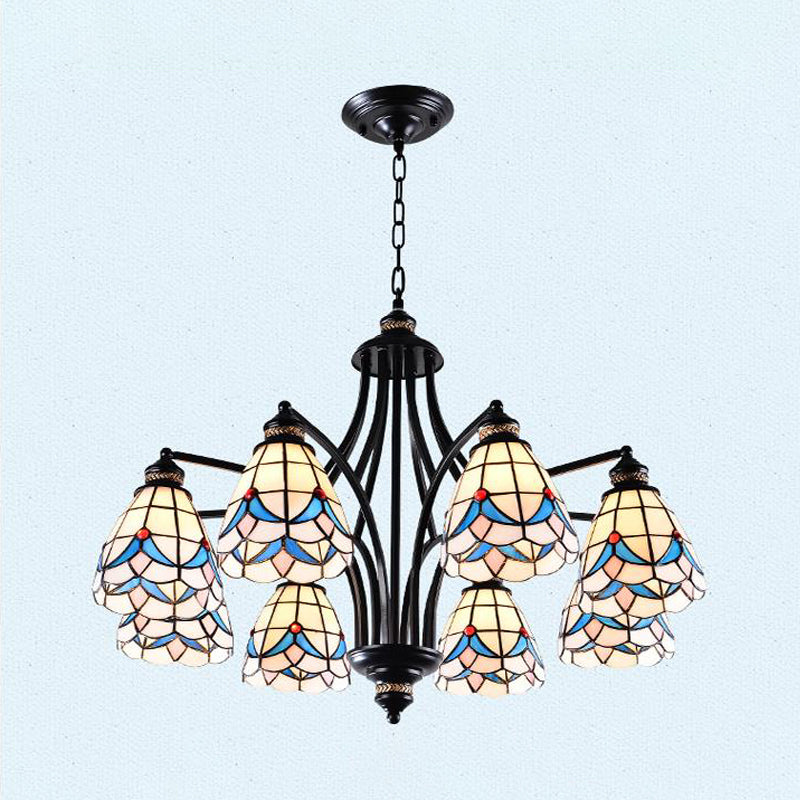 Scrolling Arm Stained Glass Chandelier Mediterranean 3/5/8 Lights Black Suspension Lighting Fixture