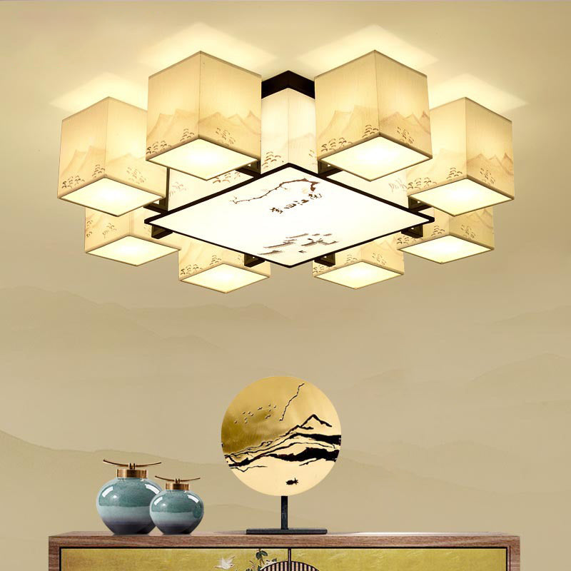 Beige Rectangular LED Semi Flush Mount in Traditional Concise Style Wrought Iron Ceiling Light with Fabric Shade